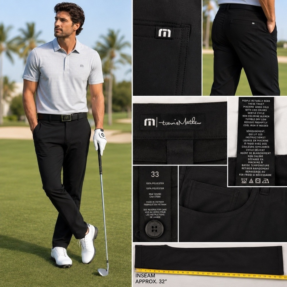 TravisMathew Open to Close Golf Pants Black Men's 33x32 Performance 5 Pocke